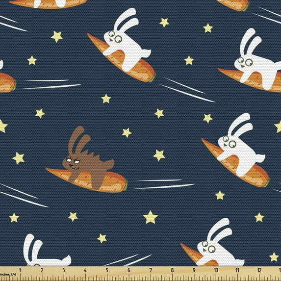 Ambesonne Cartoon Fabric by the Yard Upholstery, Rabbits Flying on Carrot, 2 Yards, Petrol Blue Orange
