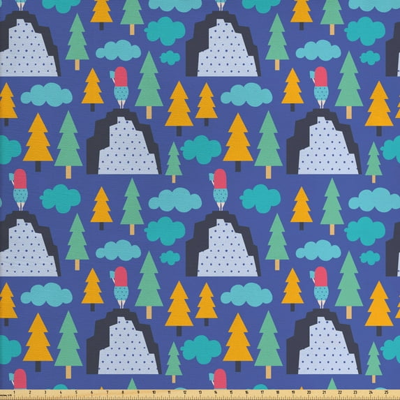 Ambesonne Cartoon Fabric by the Yard Upholstery, Girl Cloud Tree Illustrated, 10 Yards, Azure Blue Multicolor