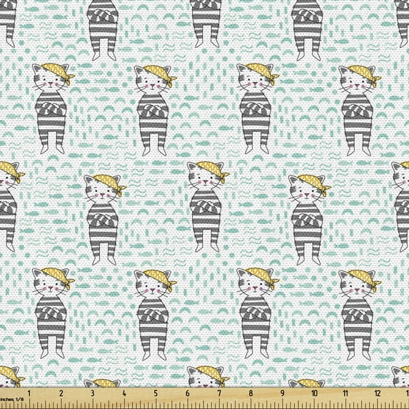 Ambesonne Cartoon Fabric by the Yard Upholstery, Cats with Bandana, 10 Yards, Pale Green Yellow