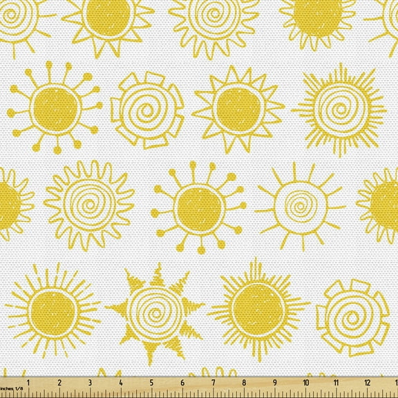 Ambesonne Cartoon Fabric by the Yard Upholstery, Sun, 1 Yard, Mustard and White