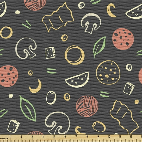 Ambesonne Cartoon Fabric by the Yard Upholstery, Sketches of Pizza Elements, 10 Yards, Dark Taupe Grey Coral