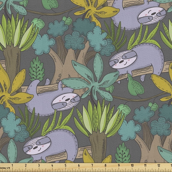 Ambesonne Cartoon Fabric by the Yard Upholstery, Funny Sloth Hanging in Tree, 5 Yards, Multicolor