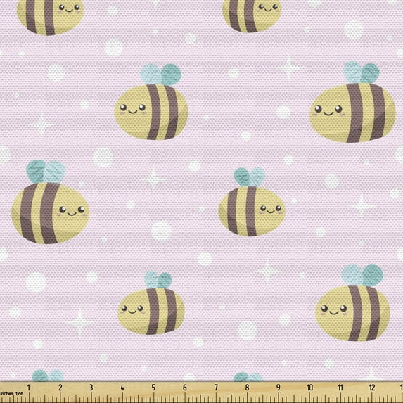 Ambesonne Cartoon Fabric by the Yard Upholstery, Pastel Smiling Bees, 1 Yard, Pale Pink and Multicolor