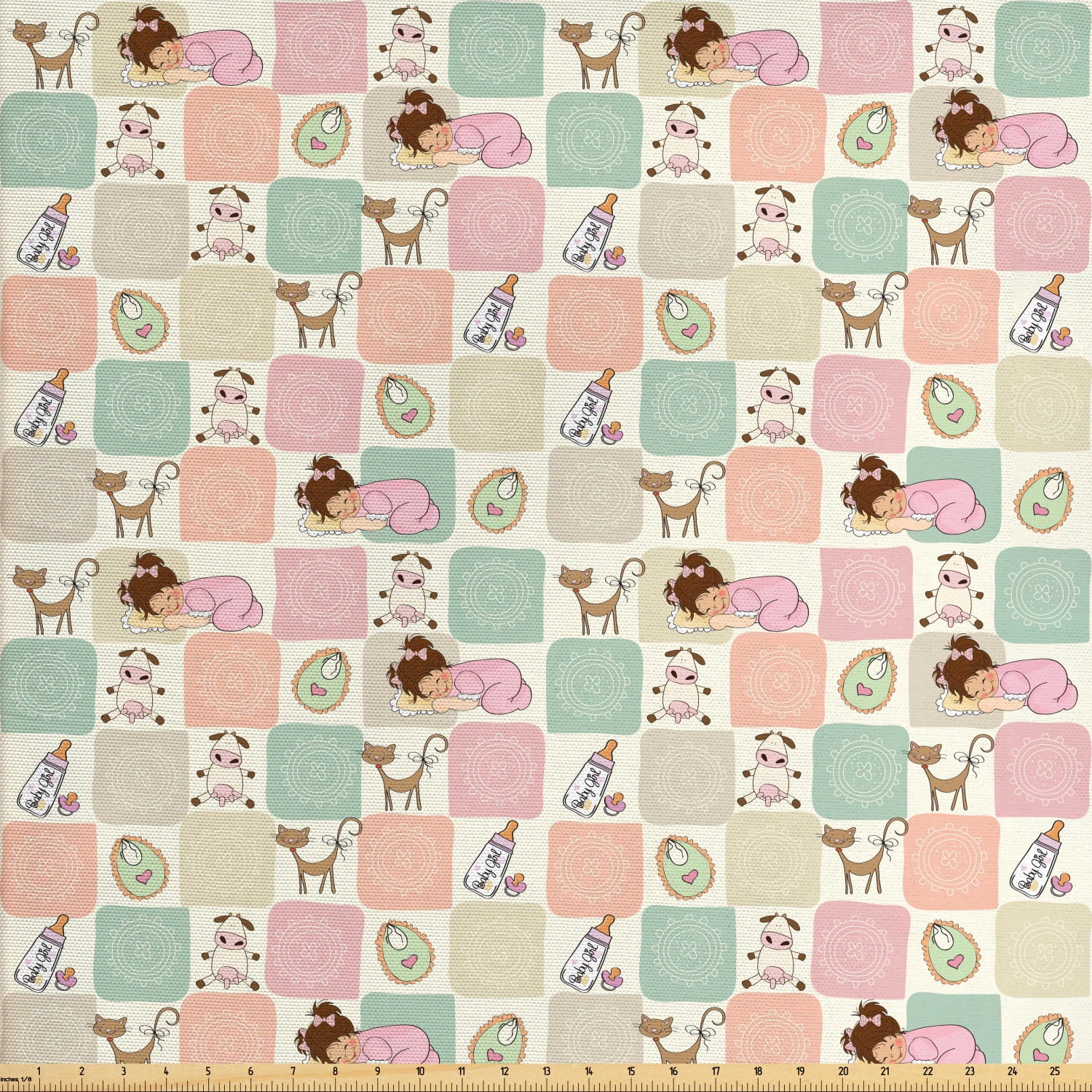 Ambesonne Cartoon Fabric by the Yard Upholstery, Checkered Square