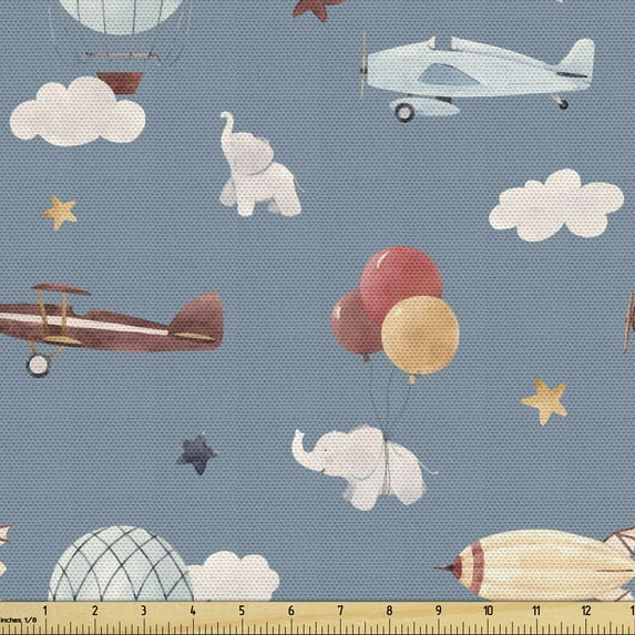 Cartoon Sofa Upholstery Fabric by the Yard, Vintage Plane Balloons Zeppelin Clouds Hot Air Balloon Print, Decorative Fabric for DIY and Home Accents, Blue Grey Multicolor by Ambesonne