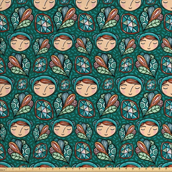 Cartoon Sofa Upholstery Fabric by the Yard, ish Girl with Bear Hat Magic Crystals and Mystic Herbs Alchemy, Decorative Fabric for DIY and Home Accents, Dark Green Multicolor by Ambesonne