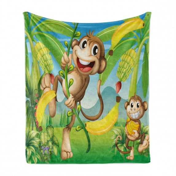 Cartoon Soft Flannel Fleece Blanket, 2 Monkeys near the Banana Plant Tropical Nature Landscape Vine Funny Animals Apes, Cozy Plush for Indoor and Outdoor Use, 60" x 80", Multicolor, by Ambesonne