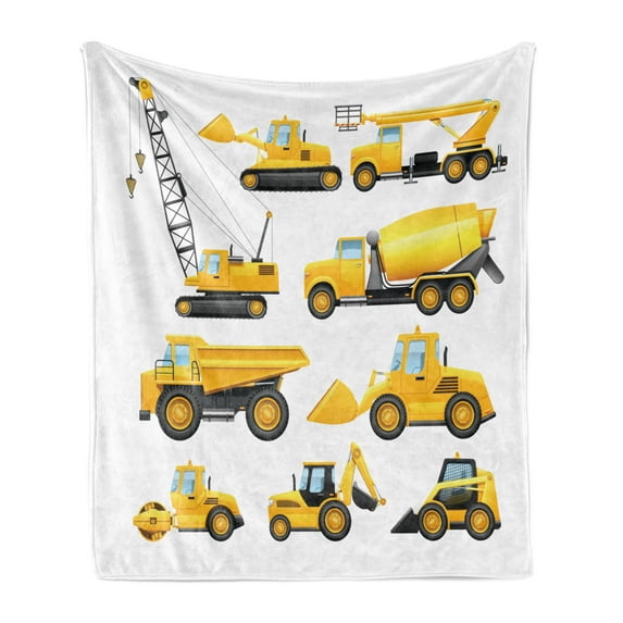 Cartoon Soft Flannel Fleece Blanket, Abstract Images of Construction Vehicles Machinery Trucks Bulldozer Crane, Cozy Plush for Indoor and Outdoor Use, 50" x 60", Earth Yellow Black, by Ambesonne