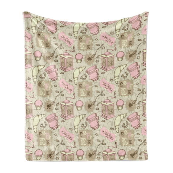 Cartoon Soft Flannel Fleece Blanket, Abstract Modern Image of Tea Pots Cups Cakes Croissants Bakery Image, Cozy Plush for Indoor and Outdoor Use, 50" x 70", Grey Pale Pink and White, by Ambesonne