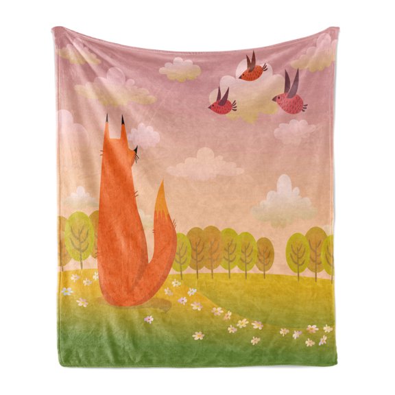 Cartoon Soft Flannel Fleece Blanket, Animal Fox Wildlife in Valley Farm Sunset with Birds Flower Daisies Artwork, Cozy Plush for Indoor and Outdoor Use, 70" x 90", Orange Lilac Green, by Ambesonne