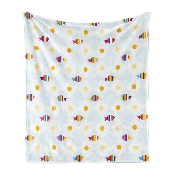Cartoon Soft Flannel Fleece Blanket, Aquarium Themed Fish Cartoons with Spots and Lines Geometrical Backdrop Art Print, Cozy Plush for Indoor and Outdoor Use, 70" x 90", Multicolor, by Ambesonne