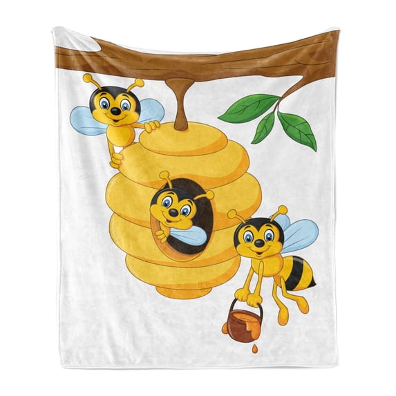 Cartoon Soft Flannel Fleece Blanket, Branch of Tree with Beehive and Bees Honey Funny Insect Hardworking Mascot, Cozy Plush for Indoor and Outdoor Use, 50" x 70", Yellow Brown Green, by Ambesonne