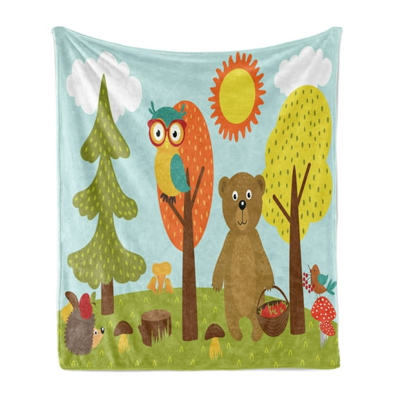 Cartoon Soft Flannel Fleece Blanket, Cheerful Childish Animals in the Sunny Forest with Mushrooms and Trees Composition, Cozy Plush for Indoor and Outdoor Use, 50" x 70", Multicolor, by Ambesonne