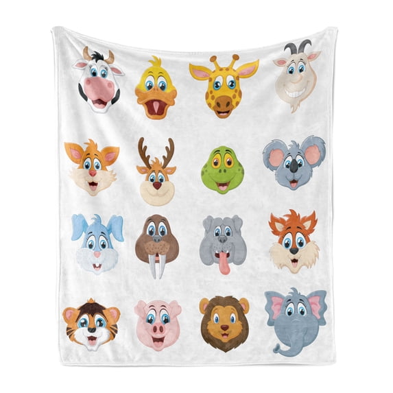 Cartoon Soft Flannel Fleece Blanket, Comic Design of Composition of Smiling Animal Faces Visages Koala Fox Pi Caricature Art, Cozy Plush for Indoor and Outdoor Use, 50" x 60", Multi, by Ambesonne