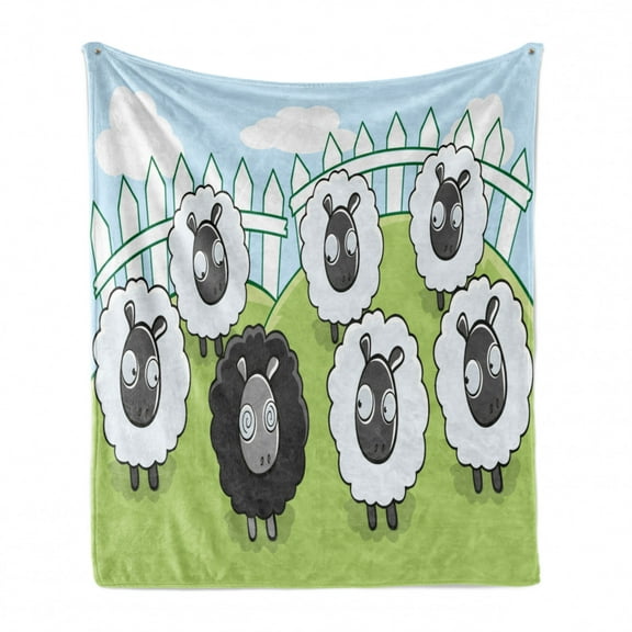 Cartoon Soft Flannel Fleece Blanket, Composition of Farm Animals Dark Color Sheep Surrounded by White Sheep Pattern, Cozy Plush for Indoor and Outdoor Use, 50" x 70", Green Baby Blue, by Ambesonne