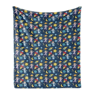 Cartoon Soft Flannel Fleece Blanket, Cosmonaut Girl and Boy Siblings in Space Futuristic Moon Sun Adventure Caricature, Cozy Plush for Indoor and Outdoor Use, 50" x 60", Multicolor, by Ambesonne