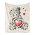thumbnail image 1 of Cartoon Soft Flannel Fleece Blanket, Detailed Teddy Bear Drawing with Heart Instead of a Belly Mini Floating Hearts, Cozy Plush for Indoor and Outdoor Use, 50" x 70", Red Black White, by Ambesonne, 1 of 5