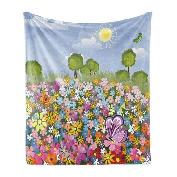 Cartoon Soft Flannel Fleece Blanket, Flourishing Spring Meadow with Colorful Blossoms Butterflies Trees Growth Foliage, Cozy Plush for Indoor and Outdoor Use, 70" x 90", Multicolor, by Ambesonne