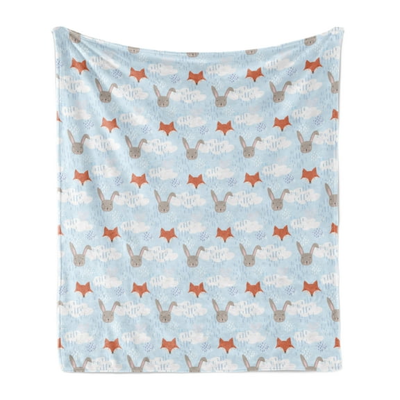 Cartoon Soft Flannel Fleece Blanket, Fox and Grey Hare on a Cloudy Rainy Sky Bunny Rabbit Pastel Nursery, Cozy Plush for Indoor and Outdoor Use, 50" x 60", Baby Blue and Multicolor, by Ambesonne