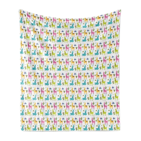 Cartoon Soft Flannel Fleece Blanket, Funny Colorful Children Theme Pattern with Alpaca Mountain and Cactus Exotic Leaves, Cozy Plush for Indoor and Outdoor Use, 50" x 60", Multicolor, by Ambesonne