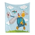 thumbnail image 1 of Cartoon Soft Flannel Fleece Blanket, Funny Giraffe and Bird on Helicopter Fluffy Clouds Grass Adventure Journey, Cozy Plush for Indoor and Outdoor Use, 60" x 80", Blue Yellow Green, by Ambesonne, 1 of 6