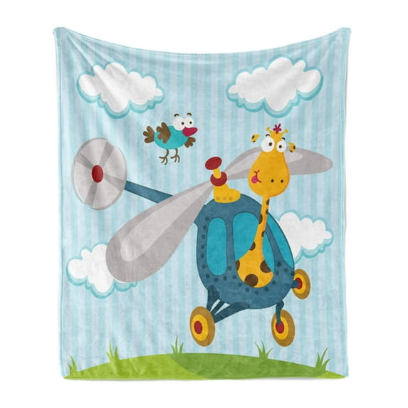 Cartoon Soft Flannel Fleece Blanket, Funny Giraffe and Bird on Helicopter Fluffy Clouds Grass Adventure Journey, Cozy Plush for Indoor and Outdoor Use, 60" x 80", Blue Yellow Green, by Ambesonne