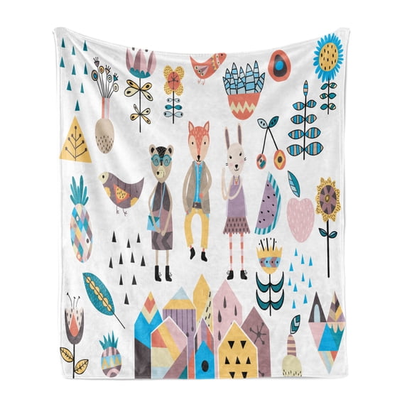 Cartoon Soft Flannel Fleece Blanket, Hand Drawn Fox Bunny and Bear with Human Clothing Scandinavian Style Cartoon Motifs, Cozy Plush for Indoor and Outdoor Use, 50" x 60", Multicolor, by Ambesonne