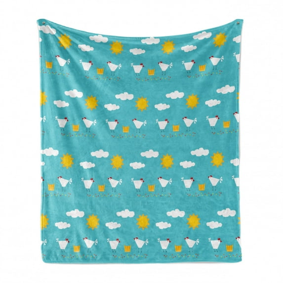 Cartoon Soft Flannel Fleece Blanket, Happy Funny Farm Morning Theme with Clouds Sun Rooster Get up Kids Toddler, Cozy Plush for Indoor and Outdoor Use, 60" x 80", Aqua Orange White, by Ambesonne