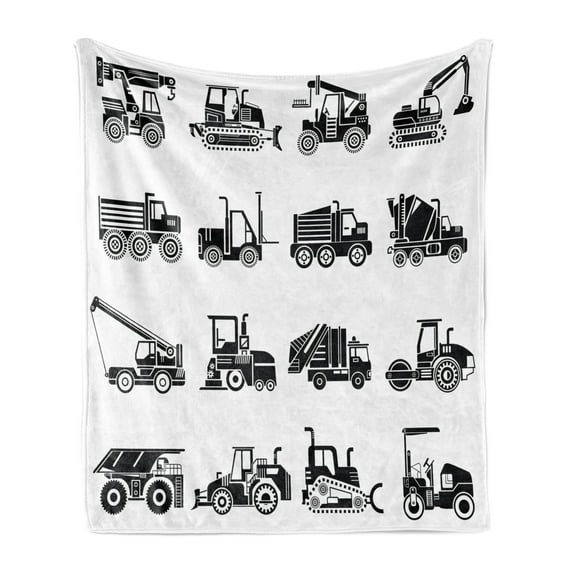 Cartoon Soft Flannel Fleece Blanket, Heavy Machinery and Vehicles of Construction Mining Site Drawn in Black on White, Cozy Plush for Indoor and Outdoor Use, 70" x 90", White Black, by Ambesonne