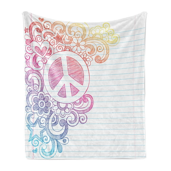 Cartoon Soft Flannel Fleece Blanket, Hippie Pastel Peace Sign Psychedelic Back to School Sketch Notebook Drawings Girls, Cozy Plush for Indoor and Outdoor Use, 60" x 80", Multicolor, by Ambesonne