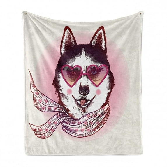 Cartoon Soft Flannel Fleece Blanket, Hipster Husky Dog with Hearts Sunglasses and Scarf Fashion Animal Art Print, Cozy Plush for Indoor and Outdoor Use, 70" x 90", Pink Cream Black, by Ambesonne