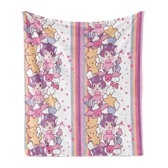 Cartoon Soft Flannel Fleece Blanket, Illustration of Angels Stars and Cats Clouds with Mini Hearts Otaku Kawaii Japanese, Cozy Plush for Indoor and Outdoor Use, 50" x 60", Multicolor, by Ambesonne