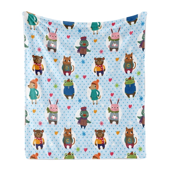 Cartoon Soft Flannel Fleece Blanket, Illustration of Animals with Winter Clothing Hats Hot Coffee on a Dotted Background, Cozy Plush for Indoor and Outdoor Use, 60" x 80", Multicolor, by Ambesonne