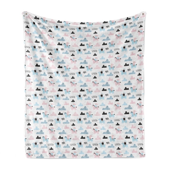 Cartoon Soft Flannel Fleece Blanket, Little Girl on Pony Along Clouds Mountains Sky Raindrops Doodle Theme, Cozy Plush for Indoor and Outdoor Use, 50" x 70", Baby Blue Rose and White, by Ambesonne