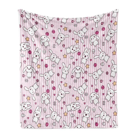 Cartoon Soft Flannel Fleece Blanket, Loveable Bunnies Numerous Facial Expressions Smiling Wink Sleeping Determined, Cozy Plush for Indoor and Outdoor Use, 50" x 70", Pink Baby Pink, by Ambesonne