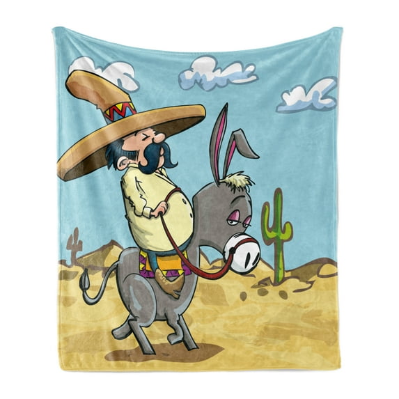 Cartoon Soft Flannel Fleece Blanket, Mexican Man Wearing Sombrero Hat Riding a Donkey in the Desert with Cactus Plants, Cozy Plush for Indoor and Outdoor Use, 50" x 70", Multicolor, by Ambesonne