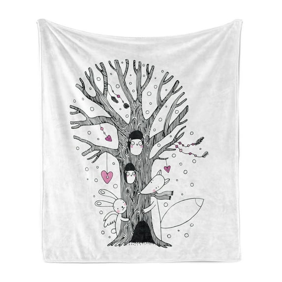 Cartoon Soft Flannel Fleece Blanket, Monochrome Tree with Playing Children Bunny and Fox Doodle Style Arrangement, Cozy Plush for Indoor and Outdoor Use, 70" x 90", Pink Black White, by Ambesonne