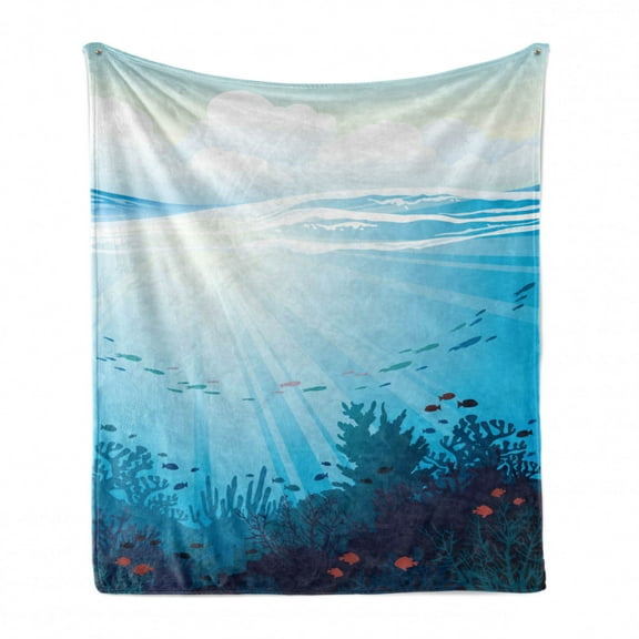 Cartoon Soft Flannel Fleece Blanket, Ocean Design with Fish Aquarium Image Coral Reef Waves Artwork Print, Cozy Plush for Indoor and Outdoor Use, 60" x 80", Teal Turquoise and Blue, by Ambesonne