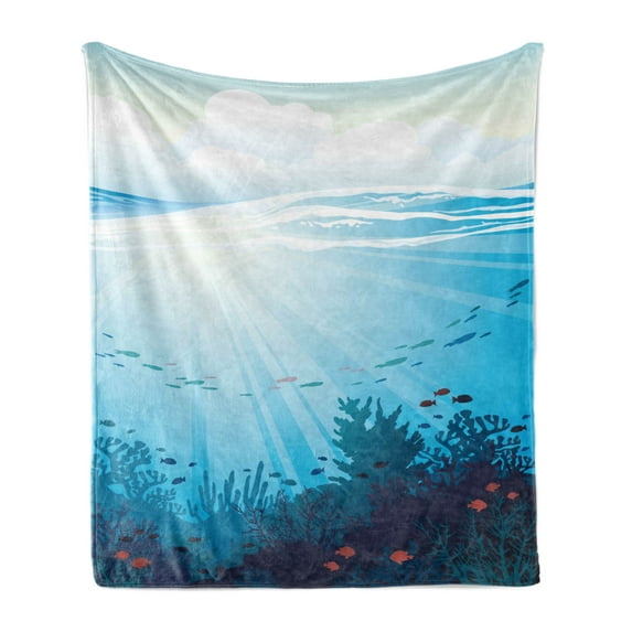 Cartoon Soft Flannel Fleece Blanket, Ocean Design with Fish Aquarium Image Coral Reef Waves Artwork Print, Cozy Plush for Indoor and Outdoor Use, 70" x 90", Teal Turquoise and Blue, by Ambesonne