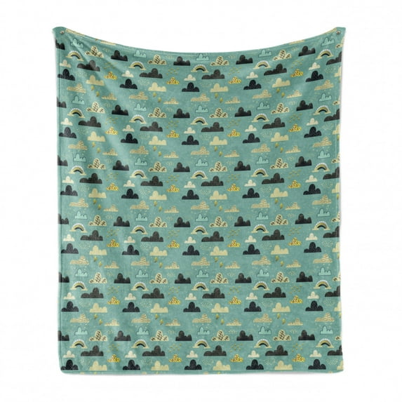 Cartoon Soft Flannel Fleece Blanket, Pastel Clouds at the Sky Childhood Dreams Polka Dots Summer Season Scenes, Cozy Plush for Indoor and Outdoor Use, 50" x 70", Almond Green Cream, by Ambesonne