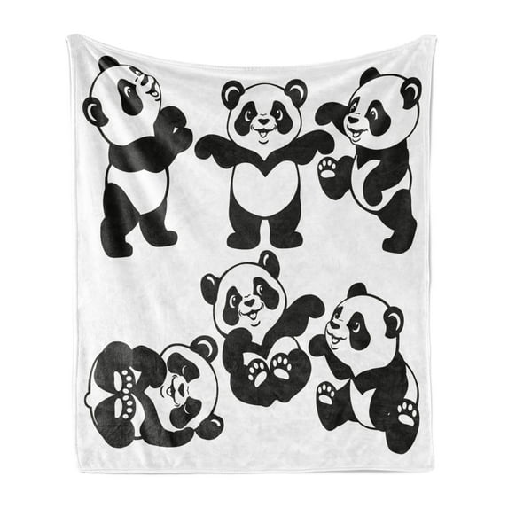 Cartoon Soft Flannel Fleece Blanket, Playful Panda Bear in Monochrome Style Happy Young Zoo Animal Nursery, Cozy Plush for Indoor and Outdoor Use, 50" x 60", White and Charcoal Grey, by Ambesonne