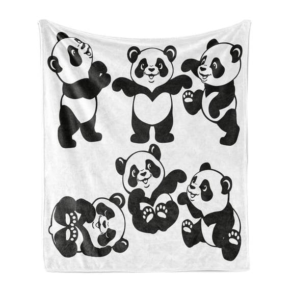 Cartoon Soft Flannel Fleece Blanket, Playful Panda Bear in Monochrome Style Happy Young Zoo Animal Nursery, Cozy Plush for Indoor and Outdoor Use, 70" x 90", White and Charcoal Grey, by Ambesonne
