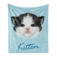 thumbnail image 1 of Cartoon Soft Flannel Fleece Blanket, Portrait of Domestic Kitten Newborn Bicolor Furry Head Pink Wet Nose Artwork, Cozy Plush for Indoor and Outdoor Use, 70" x 90", Black White Blue, by Ambesonne, 1 of 5