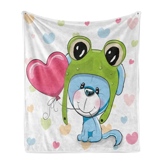 Cartoon Soft Flannel Fleece Blanket, Cartoon Puppy in a Frog Hat with Balloon on Heart Background Love Animal Print, Cozy Plush for Indoor and Outdoor Use, 70" x 90", Blue Pink Green, by Ambesonne