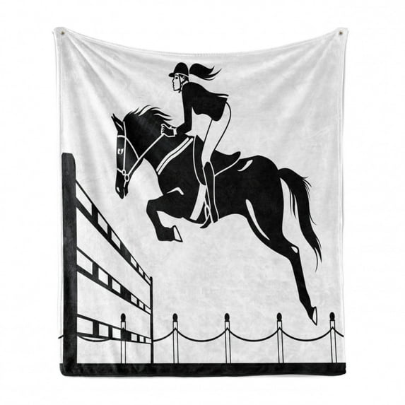 Cartoon Soft Flannel Fleece Blanket, Racing Horse with a Jockey Girl Jumping Above Barrier Barn Farming Print, Cozy Plush for Indoor and Outdoor Use, 50" x 70", White Charcoal Grey, by Ambesonne