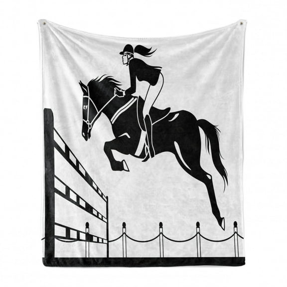 Cartoon Soft Flannel Fleece Blanket, Racing Horse with a Jockey Girl Jumping Above Barrier Barn Farming Print, Cozy Plush for Indoor and Outdoor Use, 70" x 90", White Charcoal Grey, by Ambesonne