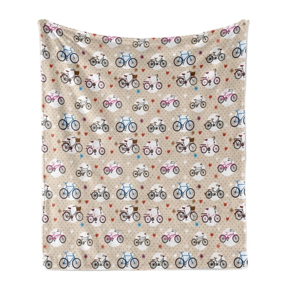 Cartoon Soft Flannel Fleece Blanket, Romantic Bicycle Illustration with Hearts and Dots on the Background Art Print, Cozy Plush for Indoor and Outdoor Use, 60" x 80", Beige and White, by Ambesonne