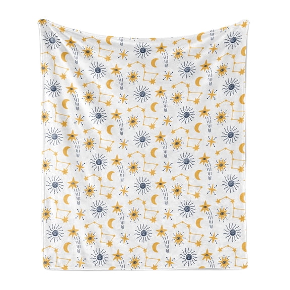 Cartoon Soft Flannel Fleece Blanket, Scandinavian Style Outer Space Elements with Stars Comets and Planets, Cozy Plush for Indoor and Outdoor Use, 60" x 80", Night Blue Pale Orange, by Ambesonne