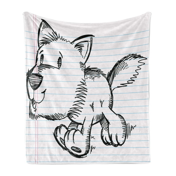 Cartoon Soft Flannel Fleece Blanket, Scribble Artwork of a Running Puppy Dog on a Notebook Page Style Backdrop, Cozy Plush for Indoor and Outdoor Use, 50" x 70", Black Pale Blue Pink, by Ambesonne