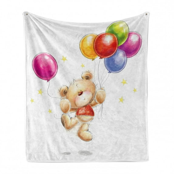 Cartoon Soft Flannel Fleece Blanket, Teddy Bear Colorful Balloons and Stars Cheerful Love Friends Animal Cartoon Print, Cozy Plush for Indoor and Outdoor Use, 70" x 90", Multicolor, by Ambesonne